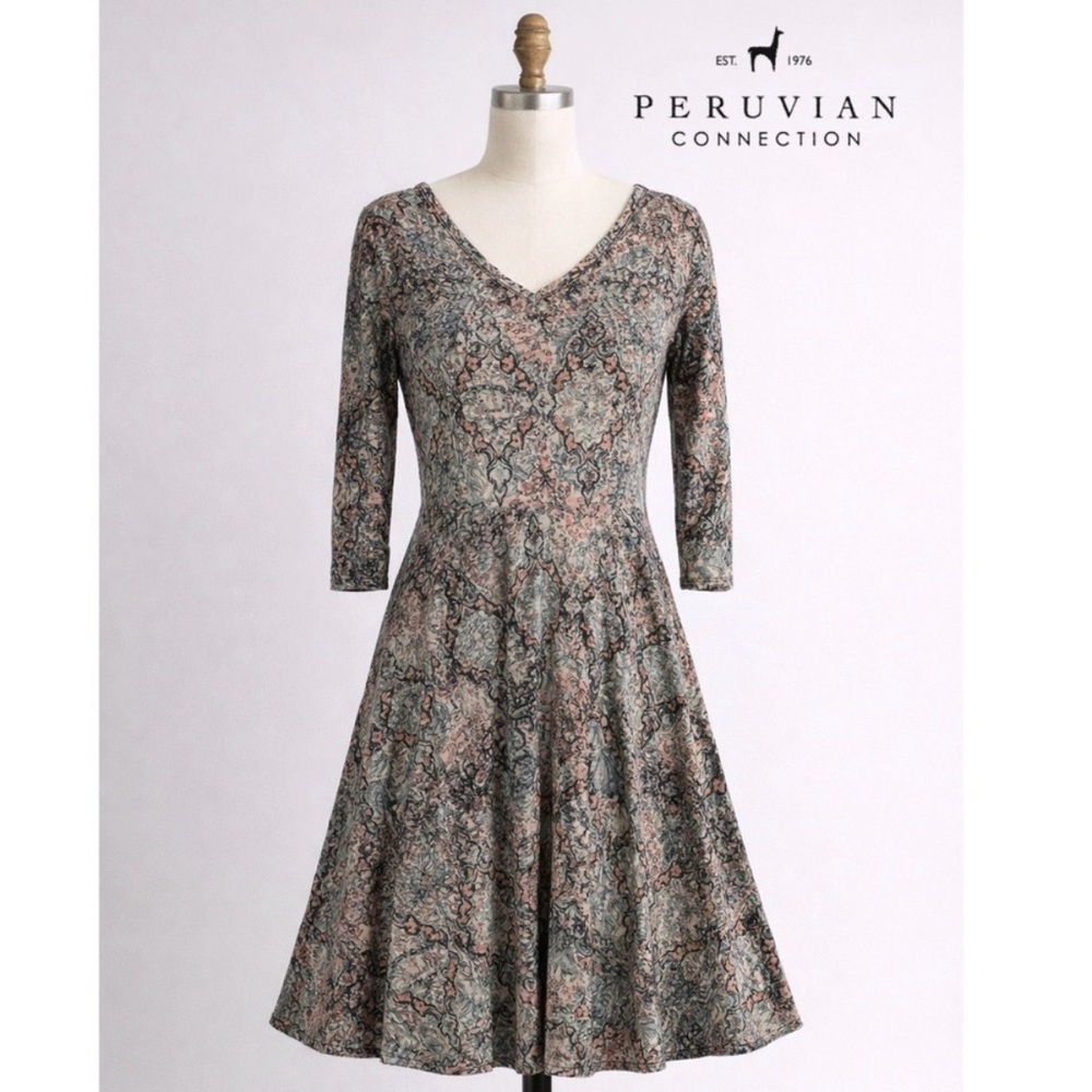 Peruvian Connection Gray Blue Pink 3/4 Sleeve v-neck Dress lightweight travel M